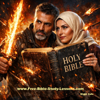 man and woman with Bible and flaming arrows