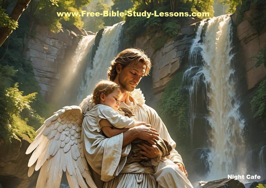 Guardian angels protect the redeemed of Christ. Angel holding child