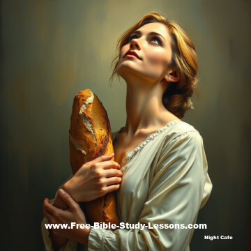 Woman holding bread, looking to heaven.