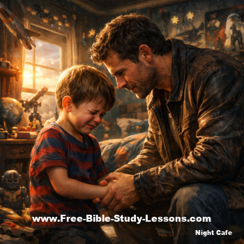 father talking to crying boy