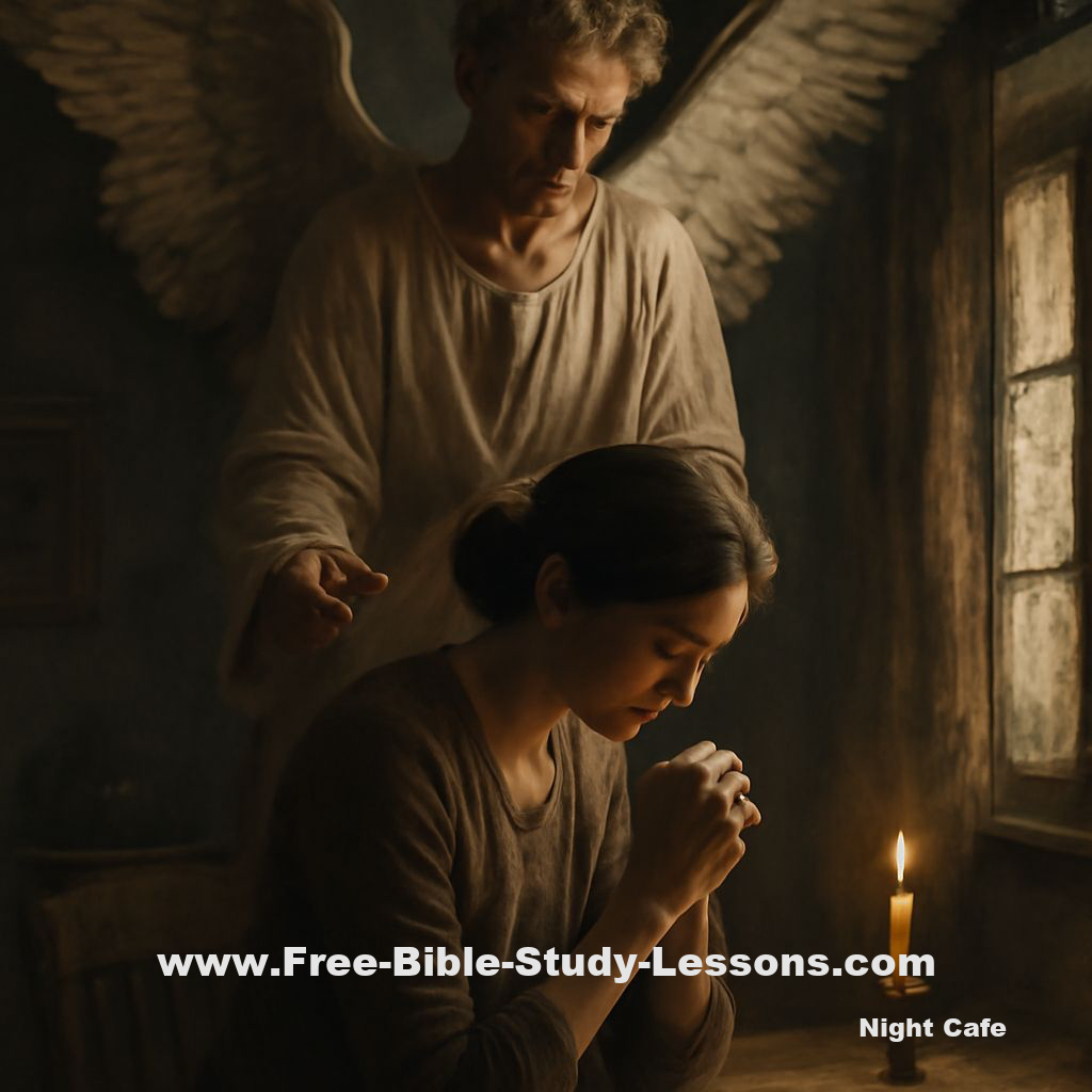 angel over praying woman