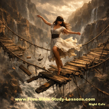 blindfolded woman dancing on collapsing bridge over canyon