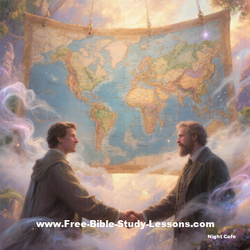two men shaking hands in front of a world map