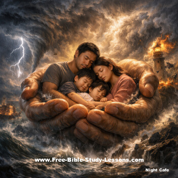 Safe in God's hand - family reasting peacfully in God's hand while storm rages