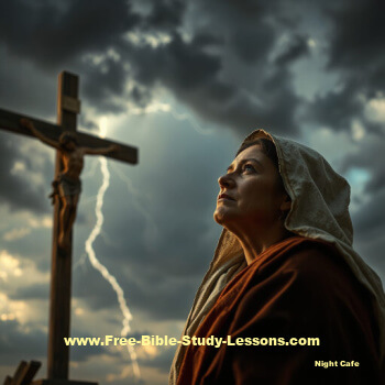 Mary looking at the cross on a stormy day