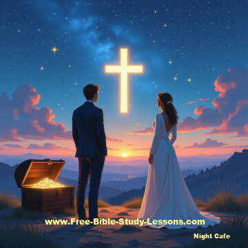 Couple looking at cross with treasure beside them