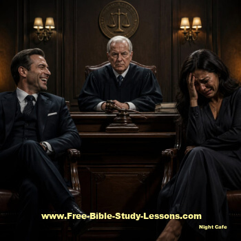 laughing man and shamed woman before judge