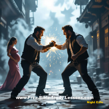 men fighting, pregnant woman