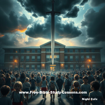 dark school with children going into it