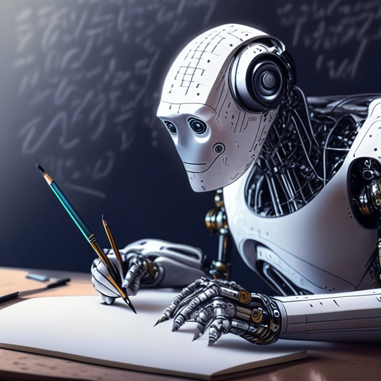 AI robot writing at a desk
