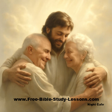 Jesus hugging an elderly couple