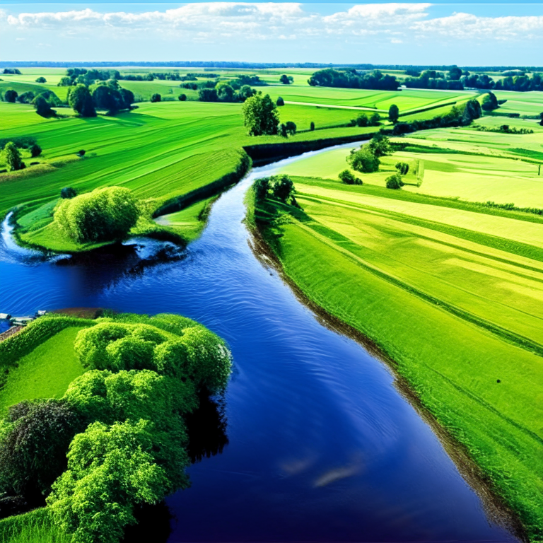 God's plans are perfect and He only gives the best.  Artwork generated by AI at Recraft. farmland with river