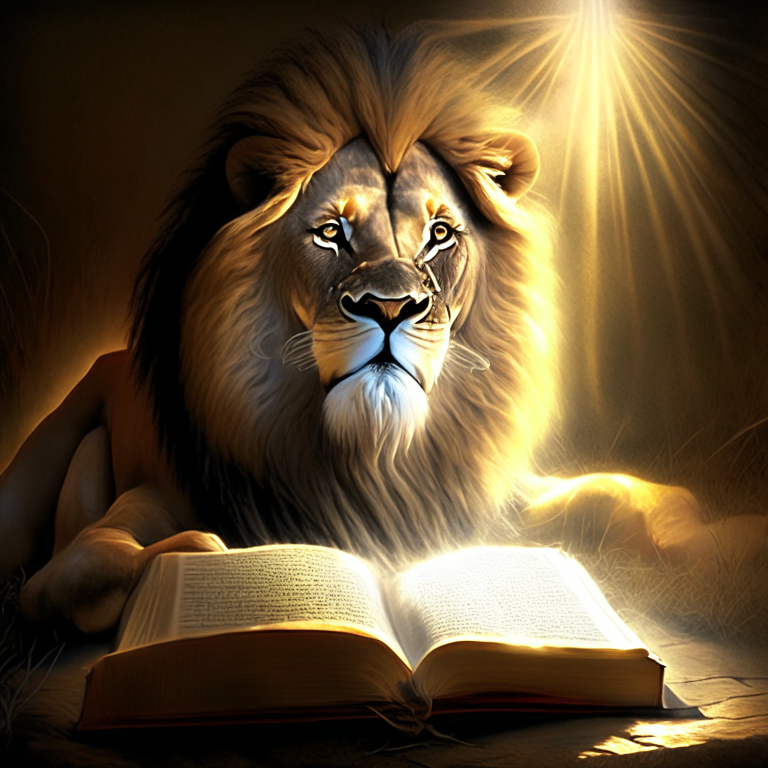 The Lion of the Tribe of Judah is victorious.  Artwork by Recraft. Bible light lion