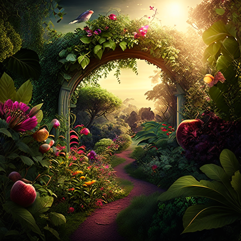The Garden Of God in His personal Eden.  Artwork generated by AI at Recraft. Garden of God