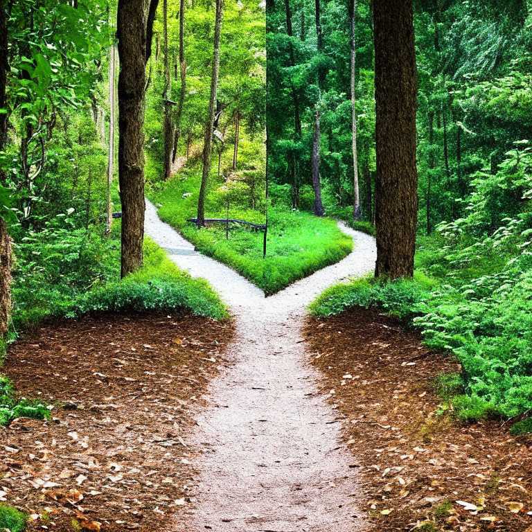 a divided pathway in a forest