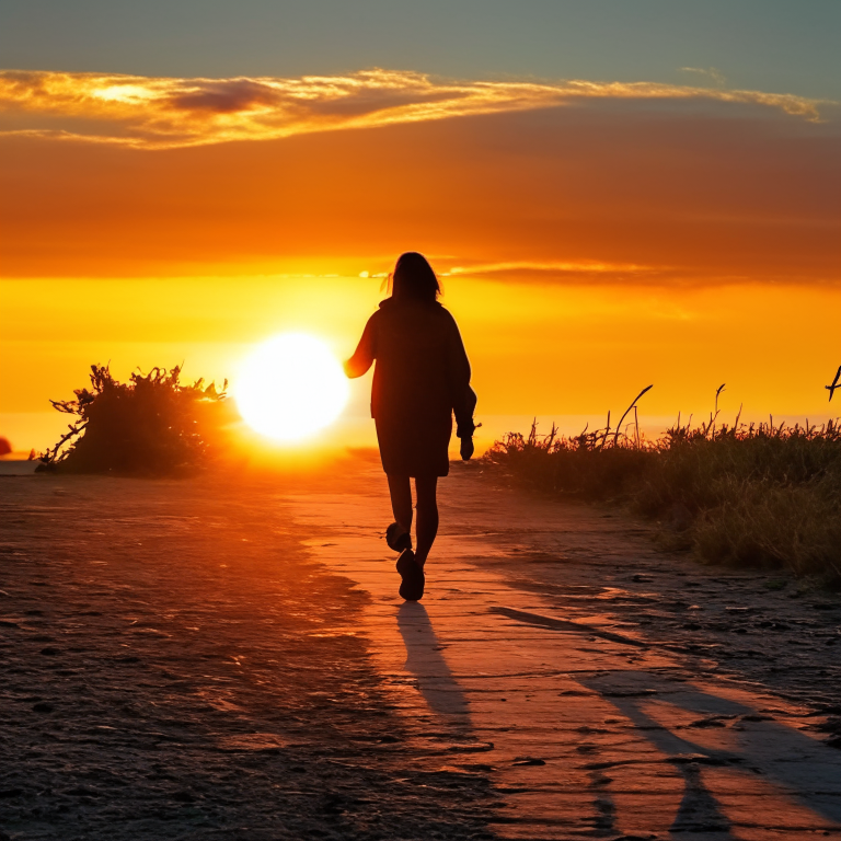 Sometimes we have to walk alone, but we are never truly alone when we are walking with God.  Recraft person walking into sunrise