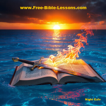 Water, open Bible, flaming sword