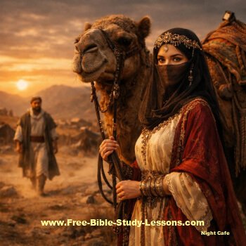 Rebecca standing beside camel