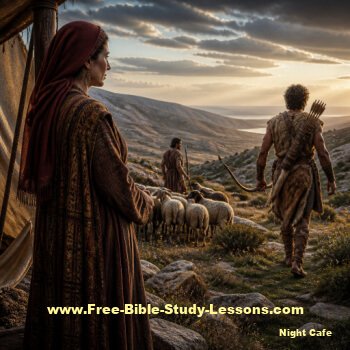 Rebekah watching Esau and Jacob 