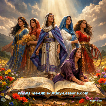 Biblical women standing on the word of God in a meadow