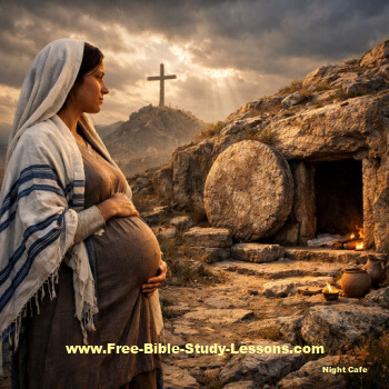 pregnant Jewish woman looking at the Cross and the Tomb