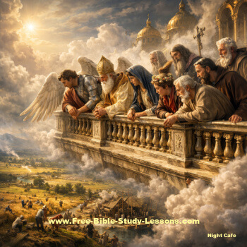Angels and saints watching events on earth