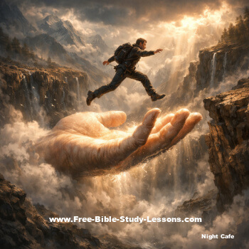 leap of faith - man jumping over ravine with God's hand underneath