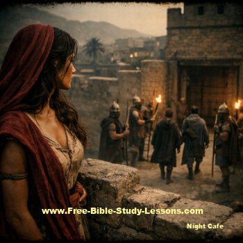 Rahab watching the spies enter the city
