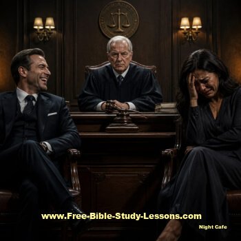 laughing man and shamed woman before judge